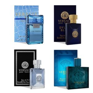 71eaKFrfpmL._SL1500_.jpg Versace Cologne for Men Set of 4 Mini Eros, Pour Homme, Dylan Blue, Eau Fraiche Perfume for Men Fragrance Sampler Set - Designer Mens Cologne Samples (4 Count, 0.17 oz)