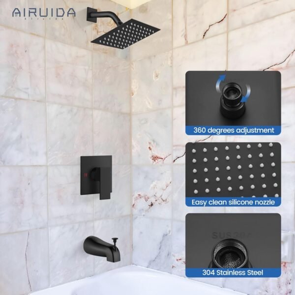 Airuida Shower Faucet Set with Tub Spout Bathtub Faucet Kit Shower Tub Faucet Set Complete Tub Shower Trim Kit with Solid Brass Rough-in Valve and 6 Inch Rainfall Square Showerhead Matte Black