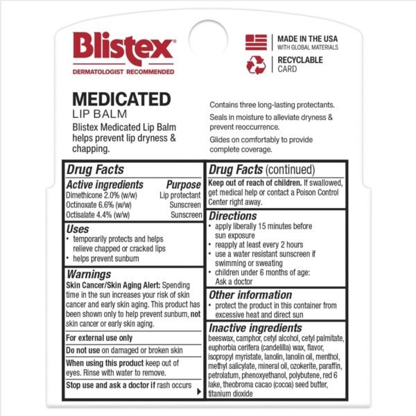 71fJZCqZL._SL1500_.jpg Blistex Medicated Lip Balm, 0.15 Ounce, 3 Count (Pack of 1) Prevent Dryness & Chapping, SPF 15 Sun Protection, Seals in Moisture, Hydrating Lip Balm, Easy Glide Formula for Full Coverage