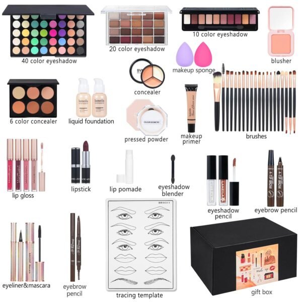 All in One Makeup Kit Makeup Kit for Women Full Kit Multipurpose Makeup ，eyeshadow、 liquid foundation,Loose powder,Eyebrow pencil,4-color lip gloss set