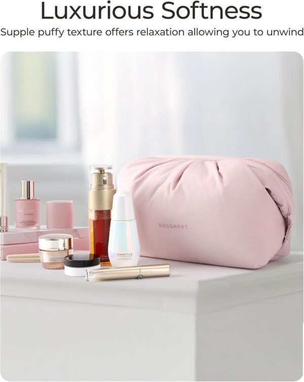 71g-n5BIJGL._AC_SL1500_.jpg BAGSMART Makeup Bag Travel Toiletry Bag, Cute Make Up Bag, Large Capacity Cosmetic Bags for Women, Wide-open Makeup Pouch Travel Essentials Toiletries Accessories Brushes (Pink)