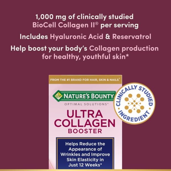 Nature's Bounty Optimal Solutions Ultra Collagen Booster for Healthy-Aging, Collagen Supplement, Resveratrol, Hyaluronic Acid – Collagen Capsules for Women, 48 Capsules