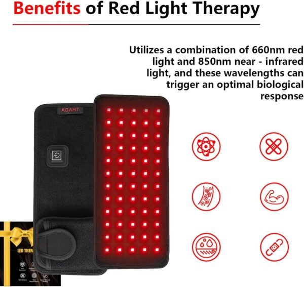 Rechargeable 60-Beads Red Light Therapy LED Pad, 5.5 X 11.8 Inch, Wearable 850nm & 660nm Infrared Belt for Neck Knee Body with Built-in 1500mAh Battery & Auto Timer