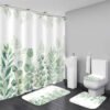 DDQQ Green Leaves Shower Curtain Sets with Non-Slip Rug, Toilet Lid Cover and Bath Mat, Plant Leaves Shower Curtain Sets with 12 Hooks, Shower Curtain for Bathroom Set Decor