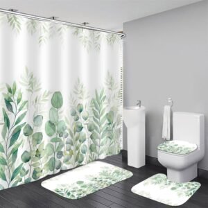 DDQQ Green Leaves Shower Curtain Sets with Non-Slip Rug, Toilet Lid Cover and Bath Mat, Plant Leaves Shower Curtain Sets with 12 Hooks, Shower Curtain for Bathroom Set Decor