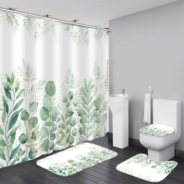 DDQQ Green Leaves Shower Curtain Sets with Non-Slip Rug, Toilet Lid Cover and Bath Mat, Plant Leaves Shower Curtain Sets with 12 Hooks, Shower Curtain for Bathroom Set Decor