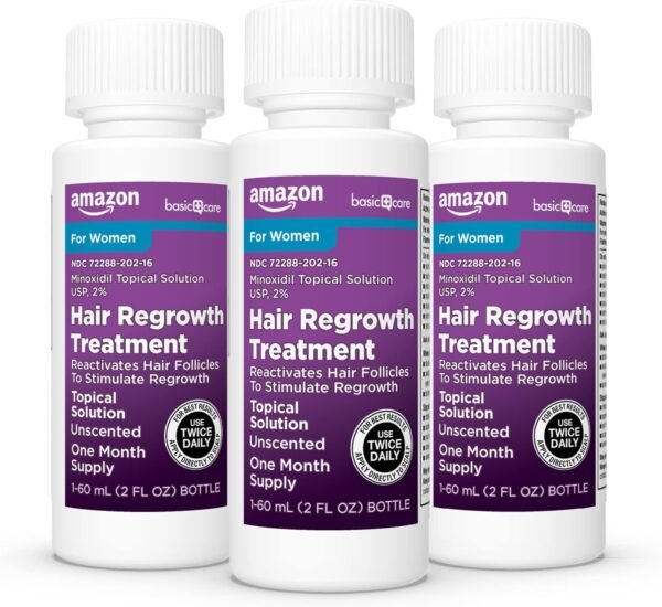 Amazon Basic Care Minoxidil Topical Solution USP, 2% Hair Regrowth Treatment for Women, 3-Month Supply, Unscented, 2 fl oz (Pack of 3)