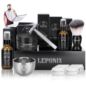 Shaving Kit for Men, Include Safety Razor, Sandalwood Cream, aftershave, Pre Shave Oil, Shaving Brush and Bowl, Shaving Apron Bib -Unique Gifts for Him Stocking Stuffers