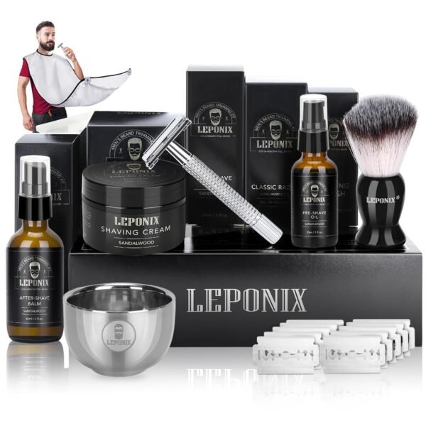 Shaving Kit for Men, Include Safety Razor, Sandalwood Cream, aftershave, Pre Shave Oil, Shaving Brush and Bowl, Shaving Apron Bib -Unique Gifts for Him Stocking Stuffers