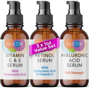 71hsm0CBO5L._SL1500_.jpg Retinol Serum for Face, Vitamin C with Hyaluronic Acid Face Serum for Women and Men, Glow Skin Care Set Total Package Targets Appearance of Uneven Skin Tone and Dryness 3x1oz