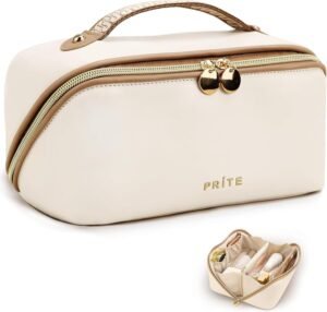 71i3pAdvqfL._AC_SL1500_.jpg Prite Makeup Bag for Women Travel Waterproof Vegan Leather Cosmetic Bag Open Flat Toiletry Bag With Clear Divider and Handle (Beige)