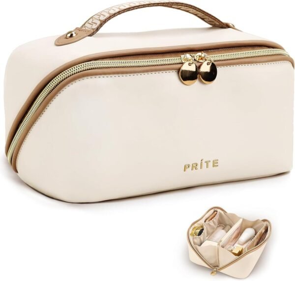 71i3pAdvqfL._AC_SL1500_.jpg Prite Makeup Bag for Women Travel Waterproof Vegan Leather Cosmetic Bag Open Flat Toiletry Bag With Clear Divider and Handle (Beige)