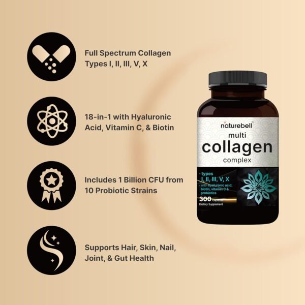 ﻿Multi Collagen Pills (Type I, II, III, V, X), 300 Capsules - Plus Hyaluronic Acid, Biotin, Vitamin C, & Probiotics | 5 Hydrolyzed Collagen Peptides – Hair, Skin, Nail, Joint, & Gut Health Support
