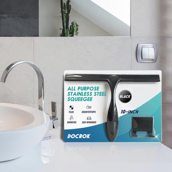 All-Purpose Stainless Steel Shower Squeegee for Shower Glass Door with Adhesive Hook, Bathroom Cleaner Tool Household Window Mirror Squeegee for Glass Doors, Cleaning Tile Wall, Car, 10 inch, Black