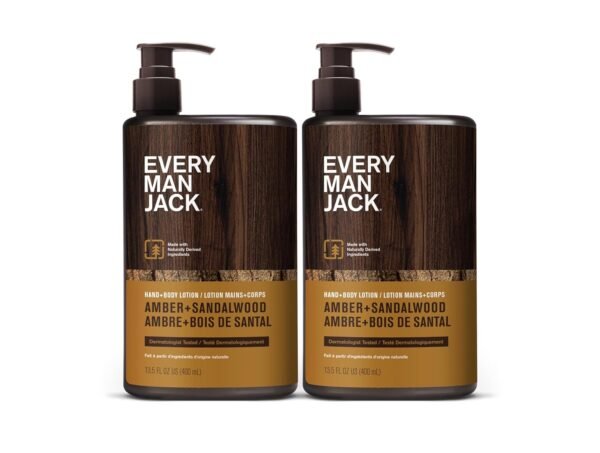 Every Man Jack Mens Amber + Sandalwood Hand & Body Lotion for All Skin Types - Dermatologist Tested & Hypoallergenic - Nourish Skin with Lightweight Fast Absorbing Lotion - 13.5oz 2 Bottles