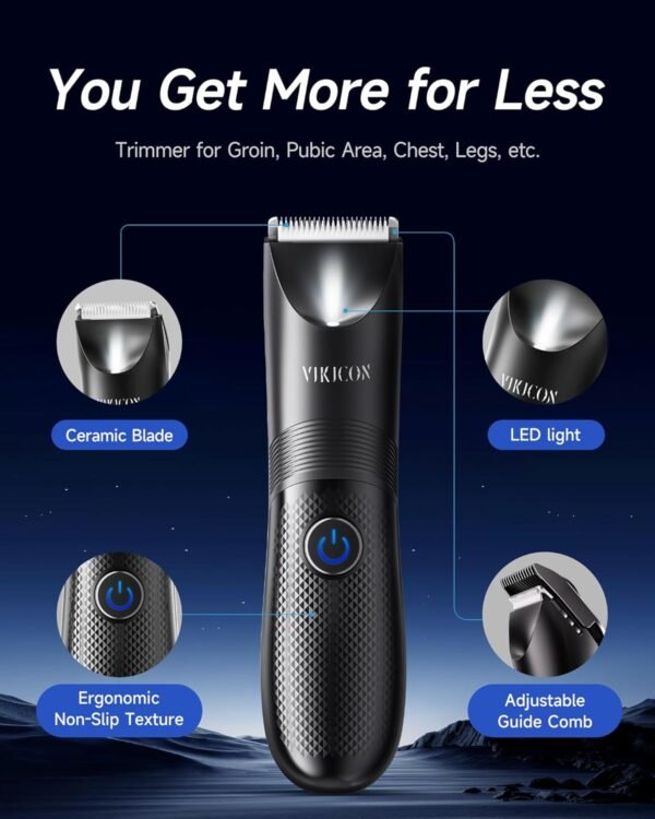 VIKICON Manscape Trimmer for Men - No Nicks Electric Razor-Shaver for Balls/Pubic/Groin/Legs/Chest Hair Removal w/Light & Ceramic Blade, IPX7 Waterproof Body Groomer USB-C Charging, Gifts for Him Dad