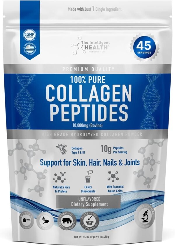 71iP7GICTeL._AC_SL1500_.jpg The Intelligent Health Collagen Peptides Powder, 45 Servings, Hydrolyzed Collagen, Type I & III, Grass Fed, Unflavored, Gluten Free, Keto/Paleo, 10g Servings, 15.9 Oz, Skin Support, Hair, Nail, Joints
