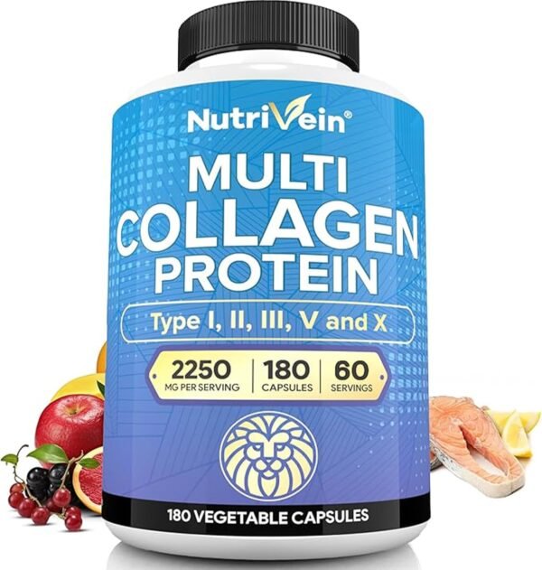 71iQOin760L._AC_SL1500_.jpg Nutrivein Premium Multi Collagen Pills 2250 mg - 180 Easy-to-Swallow Collagen Capsules: Type I, II, III, V, X Hydrolyzed Protein Peptides for Women and Men - Aging, Joints, Hair, Skin, Bones, & Nails