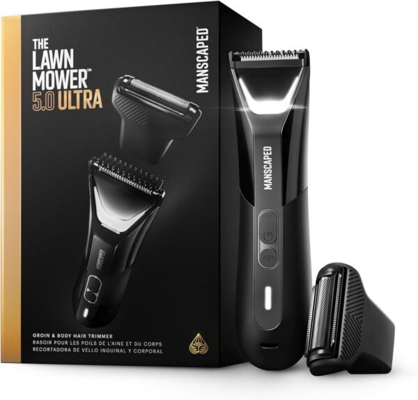 71iiwwUpL._AC_SL1500_.jpg MANSCAPED® The Lawn Mower® 5.0 Ultra Groin & Body Hair Trimmer – Dual-Head SkinSafe® Trimmer & Foil Blades, Waterproof Wet/Dry Groomer, USB-C Rechargeable with Travel Case, Men’s Ball Shaver, Black