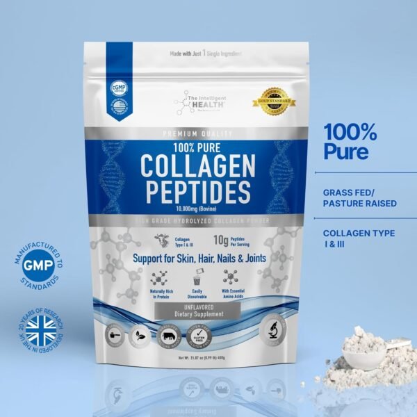 71j9qHzsANL._AC_SL1500_.jpg The Intelligent Health Collagen Peptides Powder, 45 Servings, Hydrolyzed Collagen, Type I & III, Grass Fed, Unflavored, Gluten Free, Keto/Paleo, 10g Servings, 15.9 Oz, Skin Support, Hair, Nail, Joints