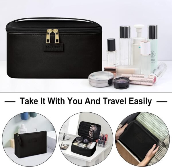 71jp1wjOL._AC_SL1500_.jpg MAANGE Makeup Bag - Large Cosmetic Bag with 2pcs Small Makeup Bags Portable Leather Travel Makeup Bag Set Toiletry Bag Make Up Bags for Women and Girls (Black)