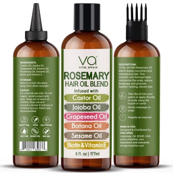 Blend Of Pure Rosemary Oil With Castor, Batana, Jojoba Oil - Infused With Biotin & Vitamin E-Blend of Effective Hair Oils for Hair Growth-Strengthening Treatment 6 Fl Oz