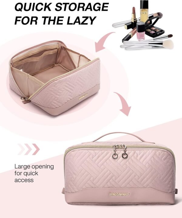 71js-N8WhUL._AC_SL1500_.jpg BAGSMART Makeup Bag, Travel Cosmetic Bags Water-resistent Makeup Case for Women Portable Pouch Open Flat Make Up Organizer for Toiletries, Brushes, Pink