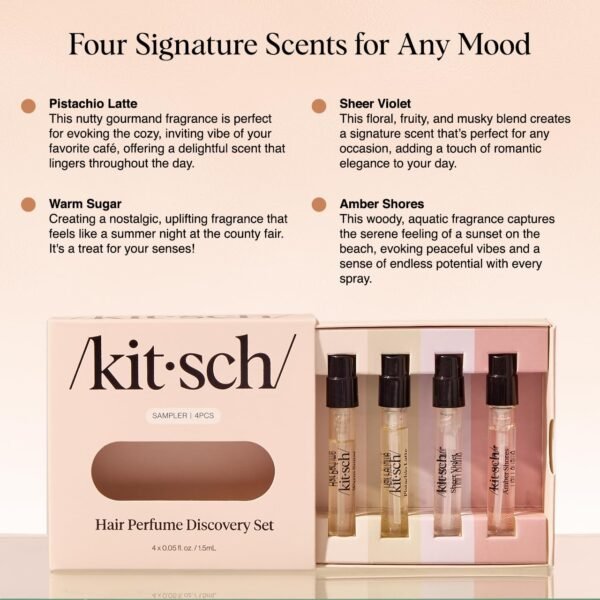 71jtYHxzheL._SL1280_.jpg Kitsch Hair Perfume For Women (Discovery Set) - Pistachio Latte, Warm Sugar, Sheer Violet & Amber Waves - Patented Odor-Eliminating Technology, Body Mist - Freshen Hair, Body & Pillows - 4x1.5mL