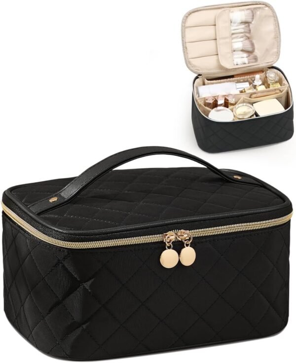 71jxNHU6mlL._AC_SL1500_.jpg Prite Makeup Bag, Large Capacity Portable Travel Cosmetic Bag, Waterproof Makeup Organizer for Women with Handle and Divider(Black Rhombus)