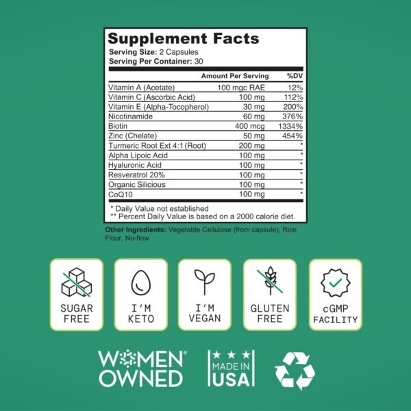 71kxp5qOIL._AC_SL1500_.jpg Healthy Aging Supplement for Women with Resveratrol, NAD, Collagen Booster, Biotin and More - Beauty with 12 Ingredients - USA Made, Vegan, 60 Capsules, Nutitionist formulated.