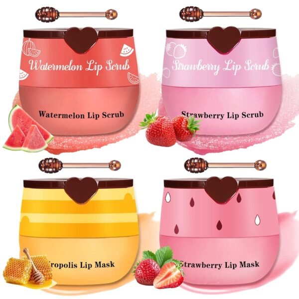 71lL7E6vSjL._SL1500_.jpg 4PCS Lip Scrub and Mask Set,Strawberry and Honey Pot Lip Balm,Reduces Lip Lines Lip Exfoliator Scrub and Moisturizer,Repair Beebalm Lip Balm and Lip Scrub Set,Lip Mask Overnight