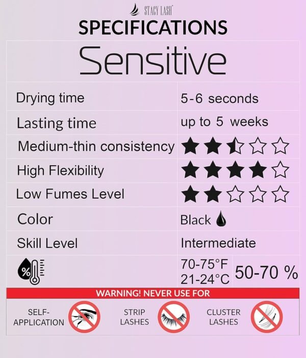 71lPae-dyL._SL1500_.jpg Sensitive Eyelash Extension Glue Stacy Lash 0.17fl.oz/5ml / 5-6 Sec Drying time/Retention – 4-5 Weeks/Black Adhesive/Professional Supplies