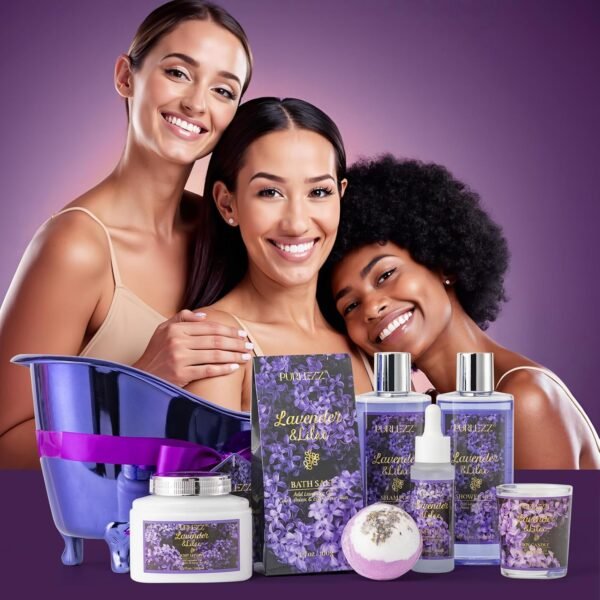Birthday Gifts for Women, Luxury Home Spa Kit, 8pcs Lavender & Lilac Bath Gift Set, Gift Baskets for Women Unique with Bath Bombs, Sea Salt, Scented Candle, Body Lotion