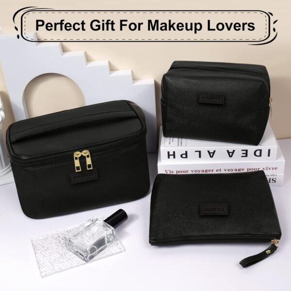 71ldBIh7FHL._AC_SL1500_.jpg MAANGE Makeup Bag - Large Cosmetic Bag with 2pcs Small Makeup Bags Portable Leather Travel Makeup Bag Set Toiletry Bag Make Up Bags for Women and Girls (Black)