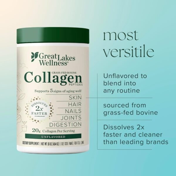 71ljlvMEY4L._SL1500_.jpg Great Lakes Wellness Collagen Peptides Powder for Skin, Hair, Nails, Joints & Digestion - Unflavored - Quick Dissolve Hydrolyzed, Non-GMO, Keto, Kosher - 16oz