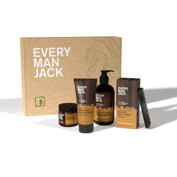 Every Man Jack Mens Sandalwood Beard Set - 5 Full-Sized Grooming Essentials For a Complete Routine - Beard + Face Wash, Beard + Face Lotion, Hydrating Beard Oil, Beard Butter, and Beard Comb