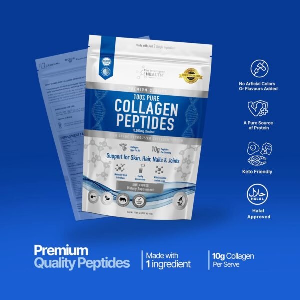 71m366EHxpL._AC_SL1500_.jpg The Intelligent Health Collagen Peptides Powder, 45 Servings, Hydrolyzed Collagen, Type I & III, Grass Fed, Unflavored, Gluten Free, Keto/Paleo, 10g Servings, 15.9 Oz, Skin Support, Hair, Nail, Joints
