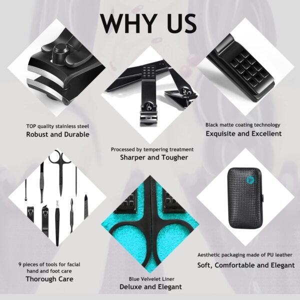 Manicure Set 9 in 1 Stainless Steel, Nail Clippers Scissors Pedicure Tools Kit - Portable Travel Grooming Kit for Men and Women with Black/Blue Leather Case (Blue)