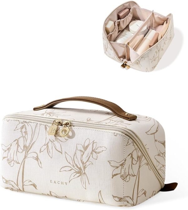 71mbdLXwkwL._AC_SL1500_.jpg EACHY Travel Makeup Bag, Large Capacity Cosmetic Bags for Women, Waterproof Portable Pouch Open Flat Toiletry Bag Pattern Make up Bag (F-Beige)
