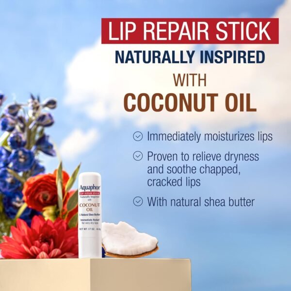 71mqzVXrvKL._SL1500_.jpg Aquaphor Naturally Inspired Lip Repair Stick with Coconut Oil and Natural Shea Butter, Hydrating Lip Balm Immediately Relieves Dryness, 0.17 Oz Stick