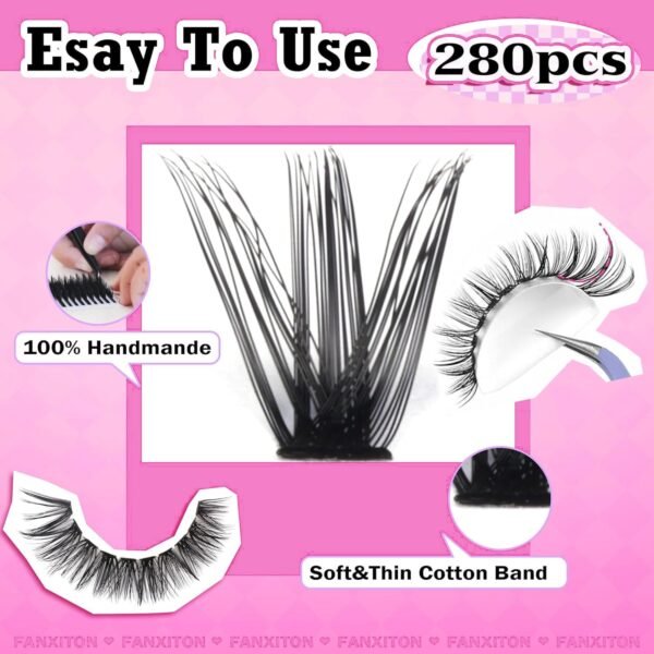 71n1d22EsfL._SL1500_.jpg FANXITON DIY Lash Extension Kit Volume Lash Clusters 40D+50D D Curvature Individual Lashes Lash Clusters Kit Thick Eyelash Extension Kit 280 pcs Thin Band Cluster Lashes Lash Bond and Seal Tweezers