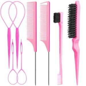 71n44ubUfgL._SL1500_.jpg Aigee 8Pcs Hair Styling Combs Set Include 4Pcs Topsy Hair Tail Tools 2 Styles of Rat Tail Comb,1Pcs Bristle Teasing Slick Back hair Brush,1Pcs Edge Control Brush,Eyebrow Brush for Woman Girl Pink