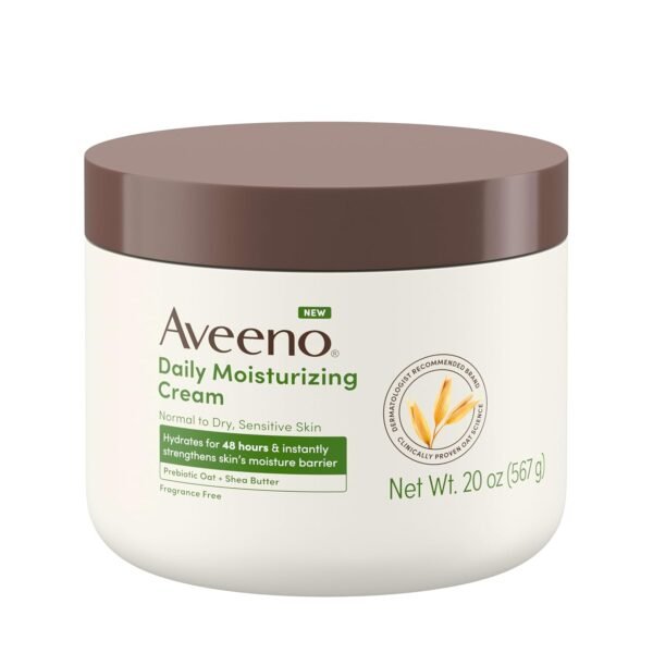 71nBJqkRqQL._SL1500_.jpg Aveeno Daily Moisturizing Cream with Prebiotic Oat & Shea Butter for Body, Face & Hands Moisturizer Cream, Hydrates Normal to Dry, Sensitive Skin for 48 Hours, Fragrance Free, Non-Comedogenic, 20 oz