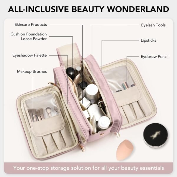 71nPheqeWCL._AC_SL1500_.jpg Travel Makeup Bag Women's Large Capacity Cosmetic Portable Organizer Large Opening Waterproof Storage Toiletry Bags Vertical Free-Standing Brush Holder for Easy Access Pink