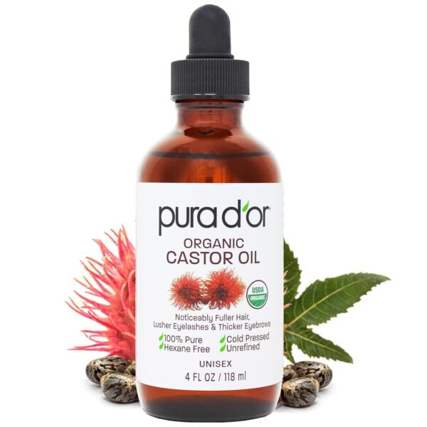 71naZSAcQQL._SL1500_.jpg PURA D'OR 4 Oz ORGANIC Castor Oil - 100% Pure USDA Certified Cold Pressed, Hexane Free Eyelash & Eyebrow Serum - For Fuller, Thicker Lashes & Brows - Skin & Hair