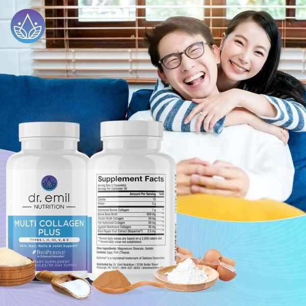 DR. EMIL NUTRITION Multi Collagen Pills - Collagen Supplements to Support Hair, Skin, Nails, & Joints - Hydrolyzed Collagen Supplements for Women with Types I, II, III, V & X - 90 Capsules