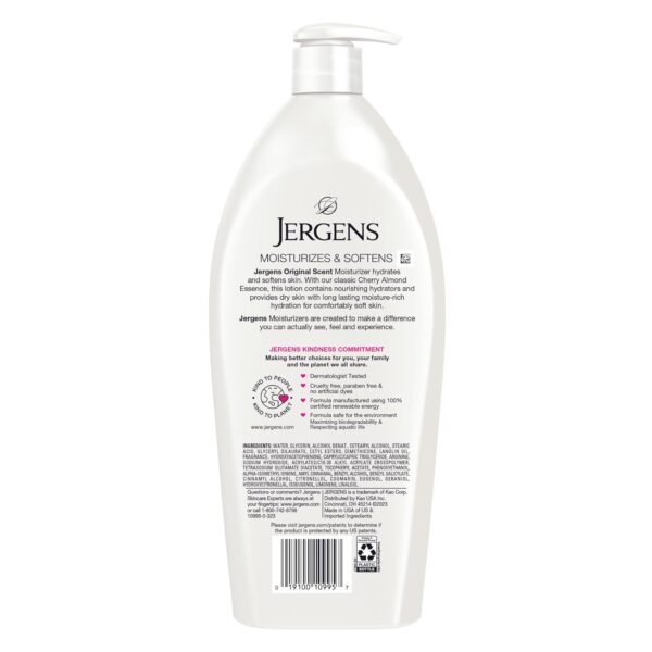 Jergens Original Scent Dry Skin Body Lotion, Hand and Body Moisturizer, Cherry Almond Essence, Dermatologist Tested, 32 Oz