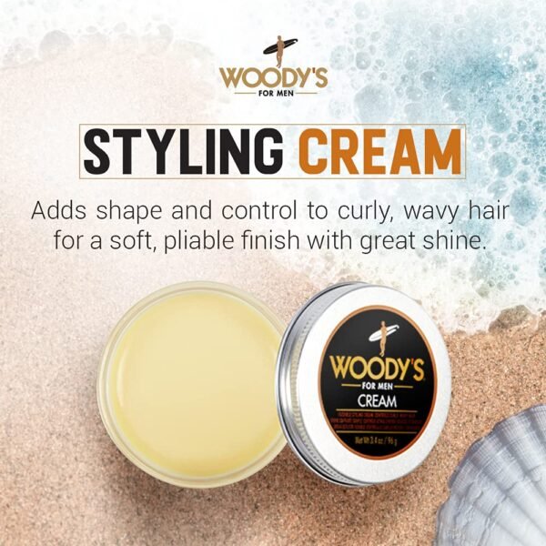 Woody's Styling Cream for Men, Controls Curly/Wavy Hair, Water-Soluble Mild Hold, Healthy Shine, 3.4 oz