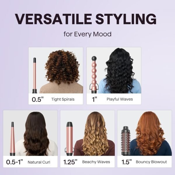 71nm8gak2SL._SL1500_.jpg Wavytalk 5 in 1 Curling Wand Set, Multi Curl, Curling Wand Set with Thermal Brush and 4 Interchangeable Ceramic Curling Wand(0.5”-1.25”), Instant Heat Up Wand Curling Iron (Rose Gold)