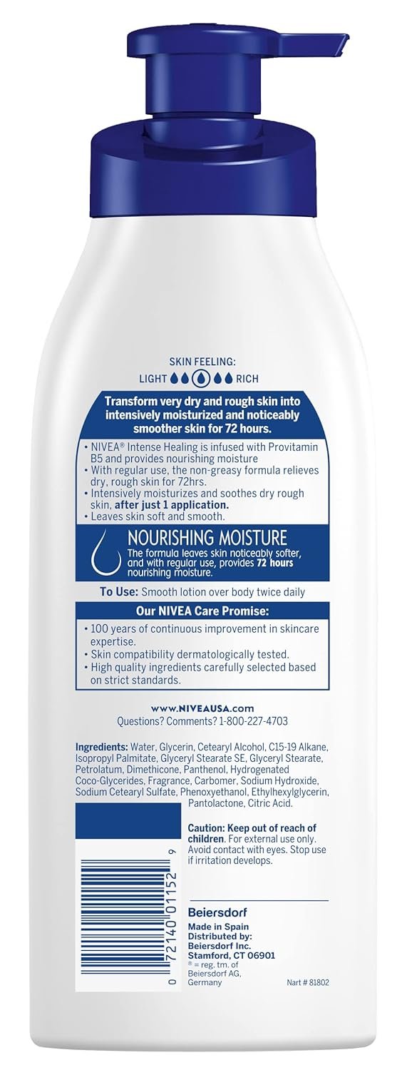 NIVEA Intense Healing Body Lotion for Very Dry, Itchy Skin with Glycerin, Provitamin B5 and Niacinamide, 72-Hour Body Moisturizer, 16.9 Fl Oz Pump Bottle